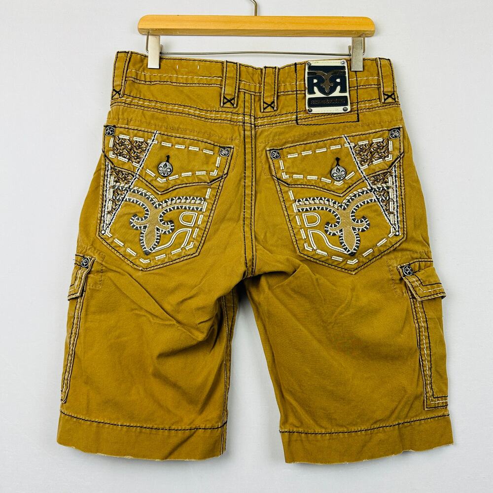 Rock Revival Men's Classic Cargo Y2K Button Embroidered Shorts in Safari Size 29